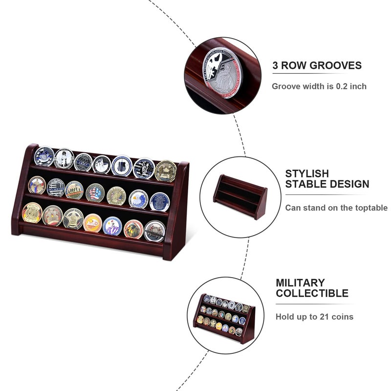ASmileIndeep 3 Rows Wooden Challenge Coin Wall Display Stand - Military Coin Holder Army Coins Rack, Holds 21-24 Coins, Mahogany - Image 3